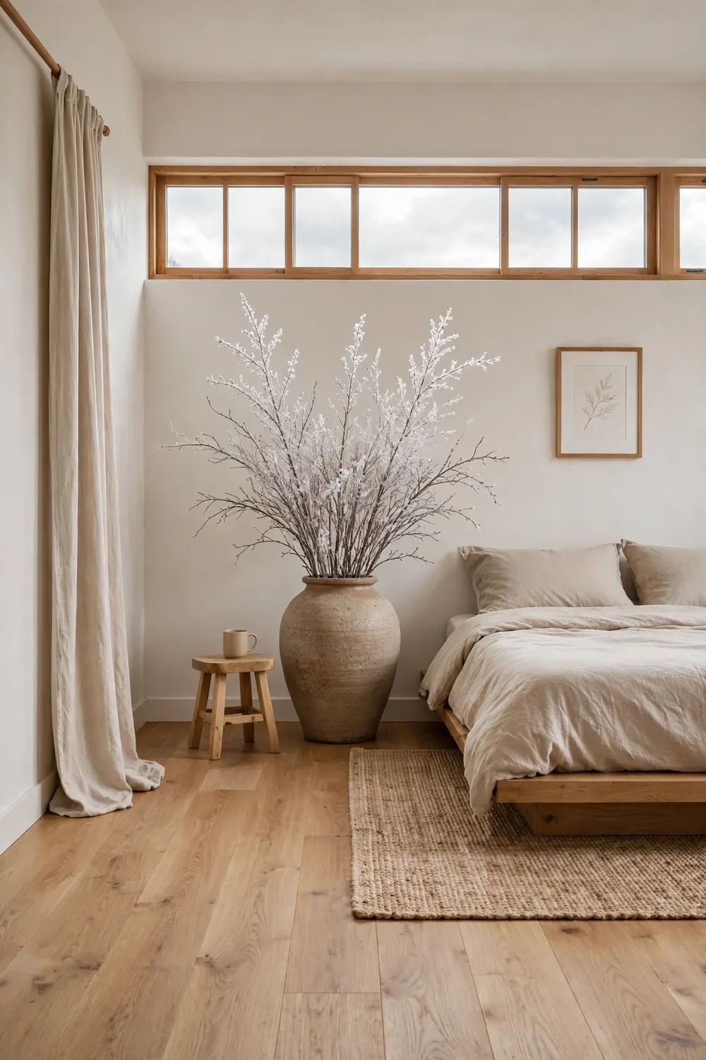 Tall frosted white branches in a heavy ceramic floor vase in the corner of a Japandi bedroom with warm white walls.