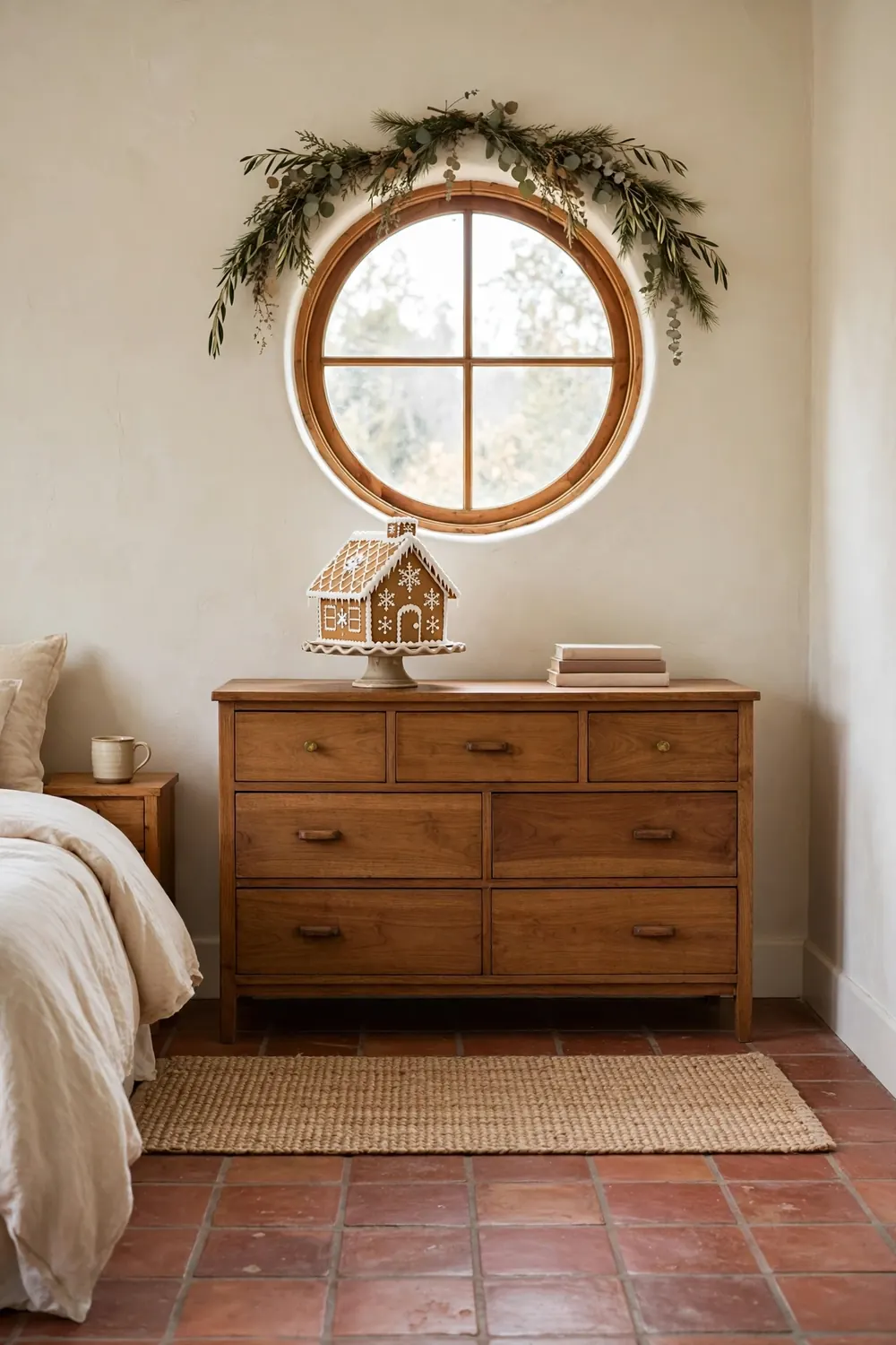 Decorated gingerbread house on a cake stand on a dresser in a storybook bedroom with cream plaster walls.