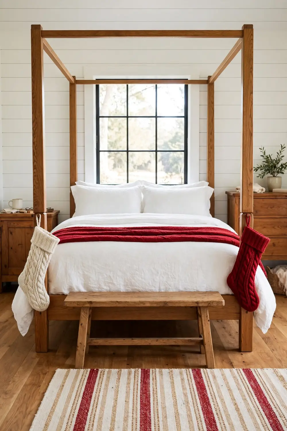 Chunky cream and red knit stockings hanging from the bedposts of a wood frame bed in a farmhouse bedroom with shiplap walls.
