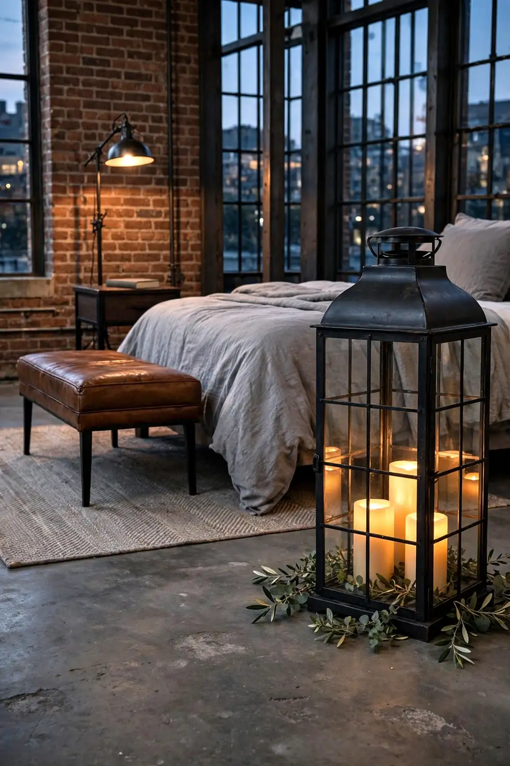 Black lantern with glowing flameless pillar candles and greenery on the floor in an industrial bedroom with brick walls.