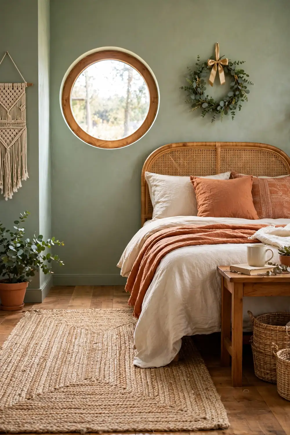 Small eucalyptus wreath with a gold ribbon hung above the headboard in a boho bedroom with sage walls and a jute rug.
