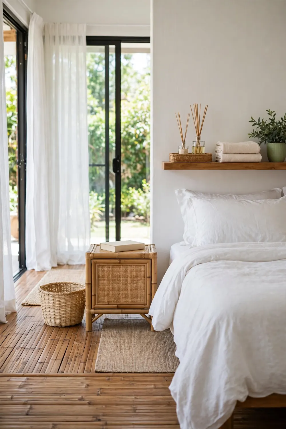 Reed diffuser bottle on a tray on a wood shelf in an airy bedroom with linen white walls and bamboo floors.