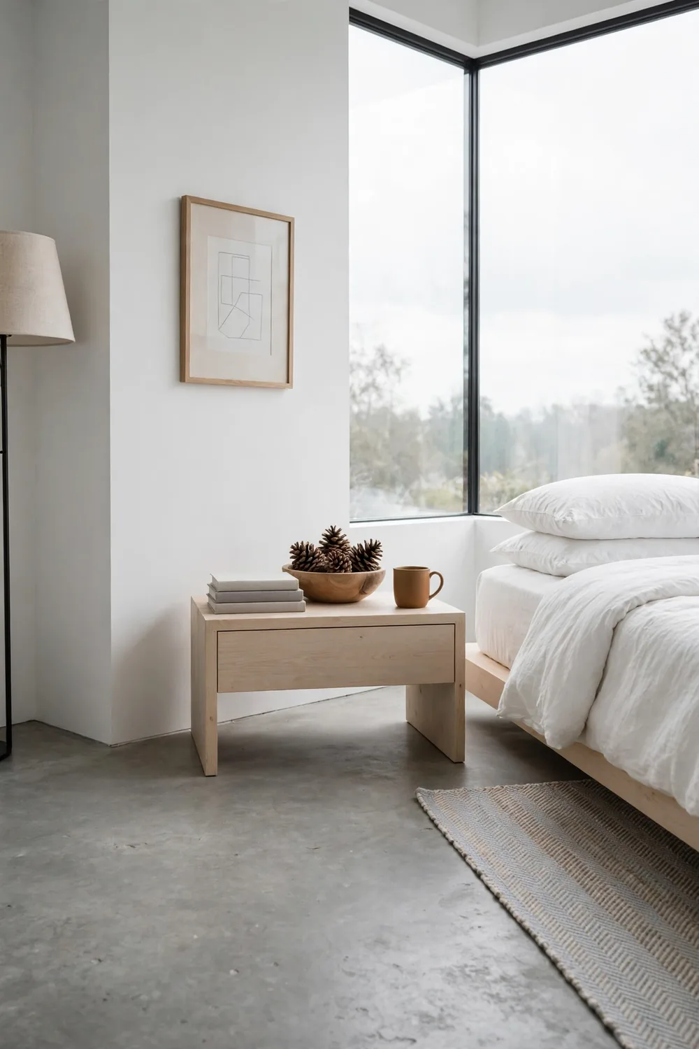 Low wood bowl filled with natural pinecones on a nightstand beside a bed in a minimalist bedroom with white walls.