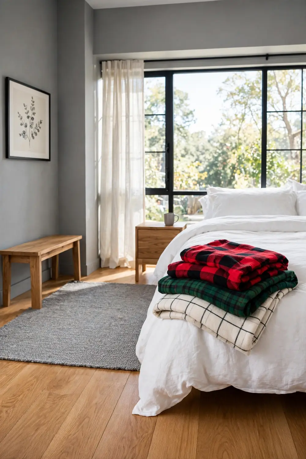 Red buffalo check and green tartan throws folded in a loose pile at the foot of the bed in a modern bedroom with gray walls.