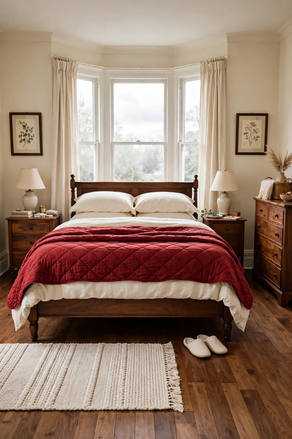 Layers of cream sheets, a red quilt and cream shams on a bed in a traditional bedroom with cream walls and a bay window.