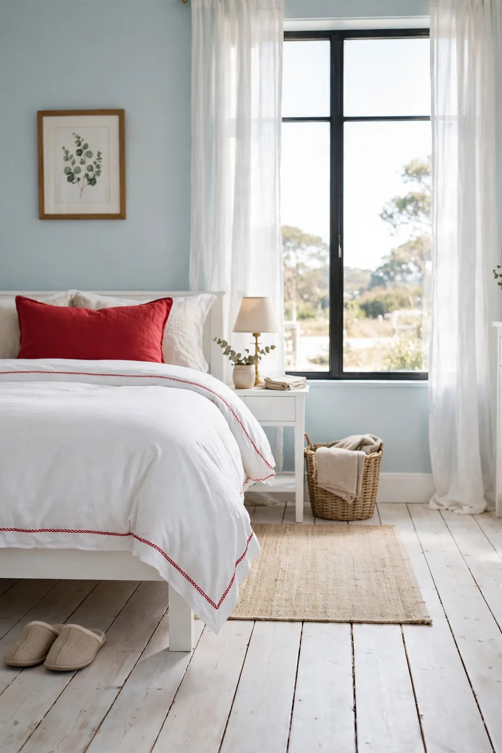 Crisp white duvet with red stitched trim and one red lumbar pillow on a bed in a coastal bedroom with pale blue walls.