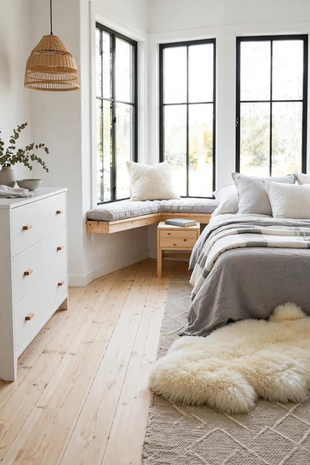 Thick cream sheepskin rug beside a bed layered over a flat rug in a Nordic bedroom with white walls and pale pine floors.
