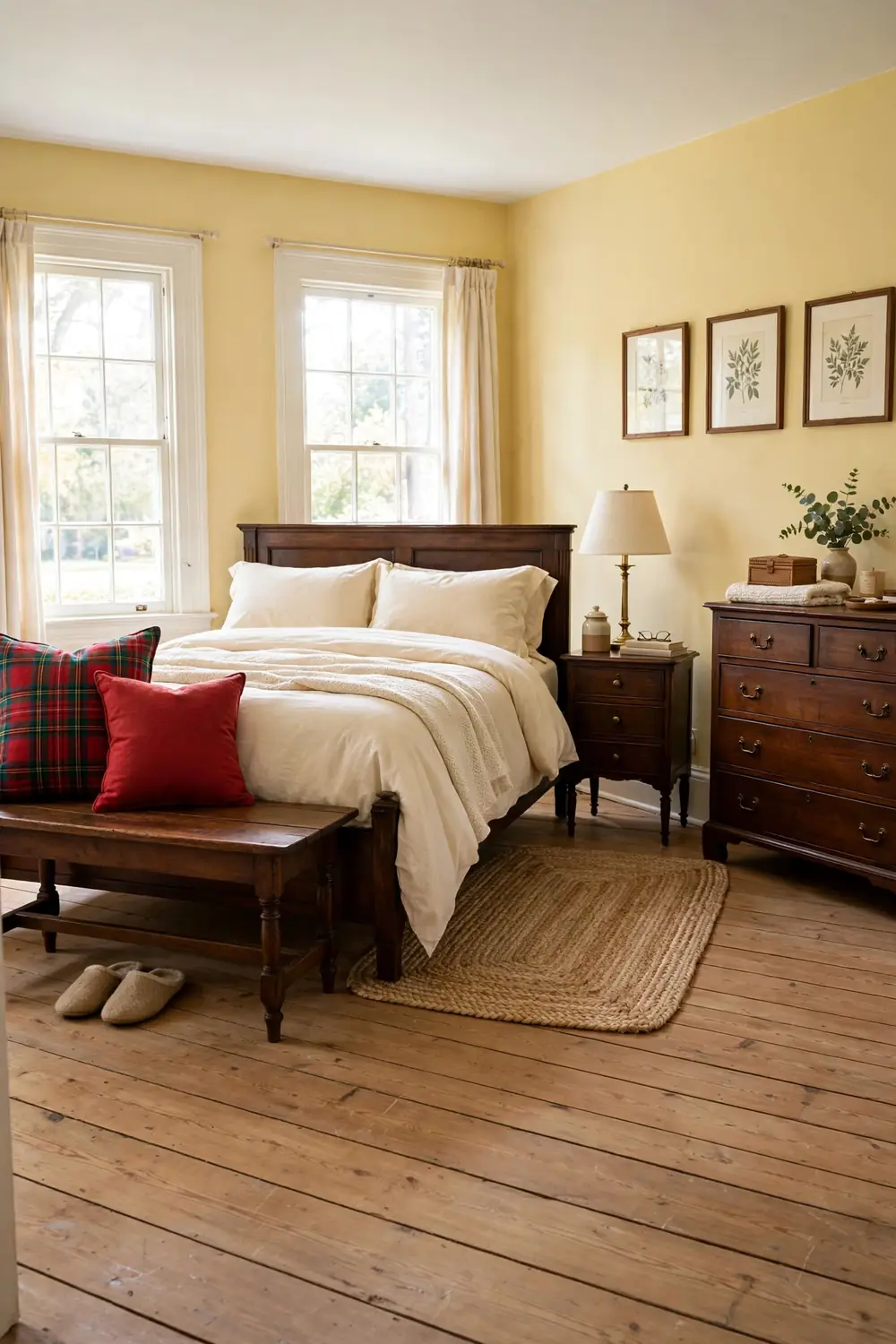 Red and green tartan pillows on a bench at the foot of the bed in a colonial bedroom with butter yellow walls.