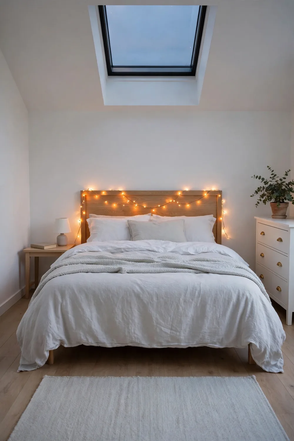 Warm white fairy lights draped over a wood headboard in a Scandinavian bedroom with white walls, soft bedding and a book on the nightstand.