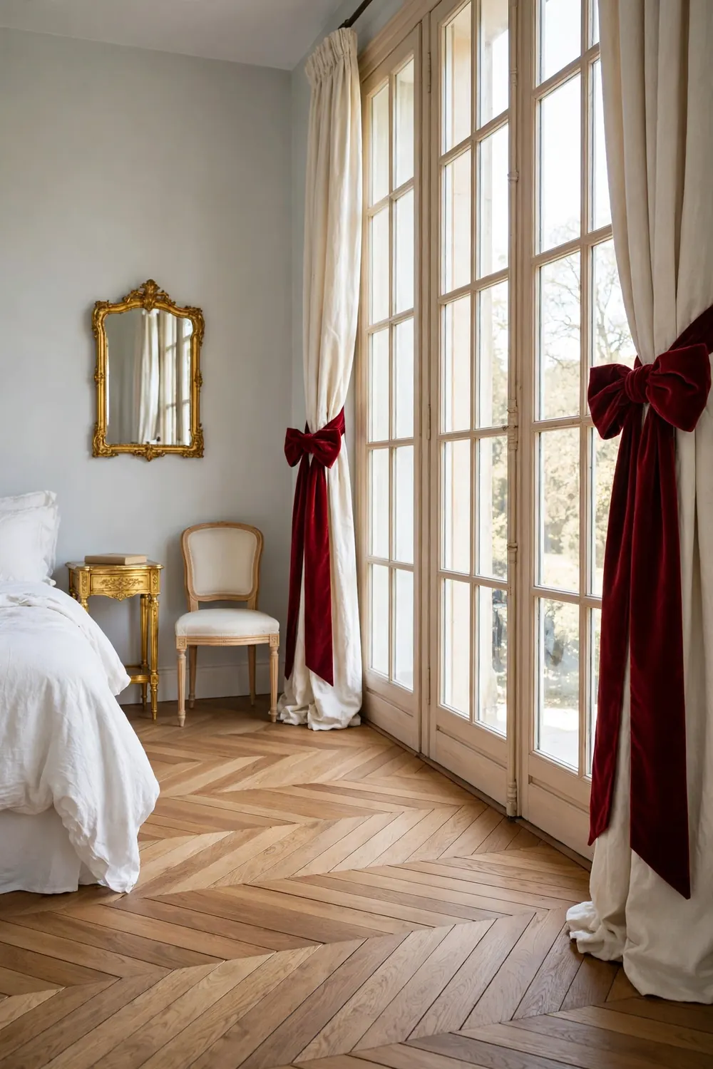 Wide deep red velvet ribbon bows tied around curtains in a French bedroom with pale gray walls and a herringbone floor.