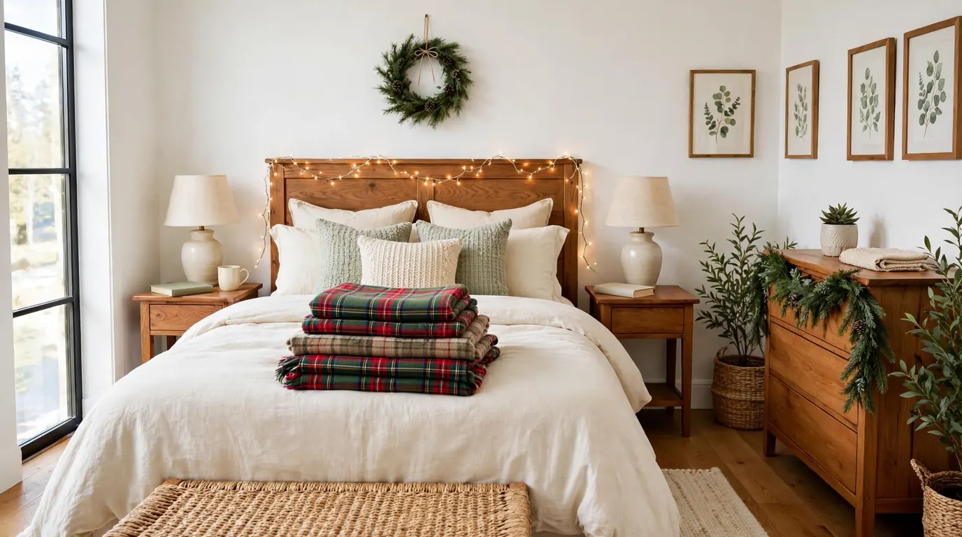 Christmas bedroom decor ideas in a cozy farmhouse bedroom with plaid throws, twinkle lights over the headboard, white walls and a warm oak floor.