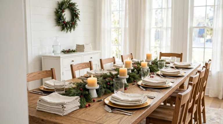 Christmas dining table decor with a fresh evergreen garland, glowing pillar candles, gold chargers and white plates on a long oak table in a bright farmhouse dining room.
