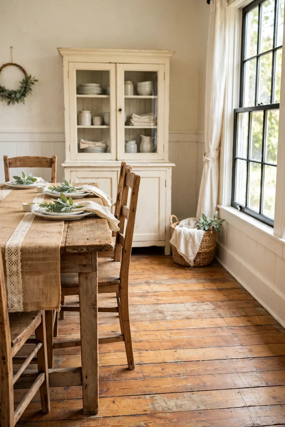 Natural burlap runner layered with a cream lace strip, white plates and greenery on a farmhouse dining table in a warm cream dining room.