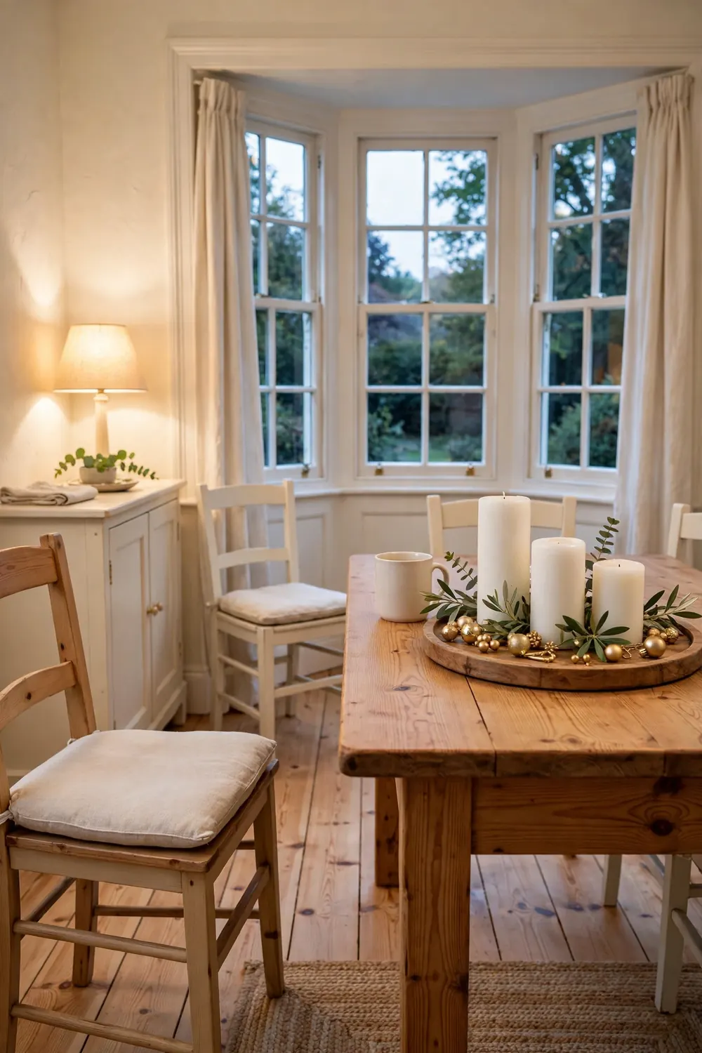 Three white pillar candles in different heights on a round wooden tray with greenery sprigs and gold ornaments on a dining table in a cream cottage room.