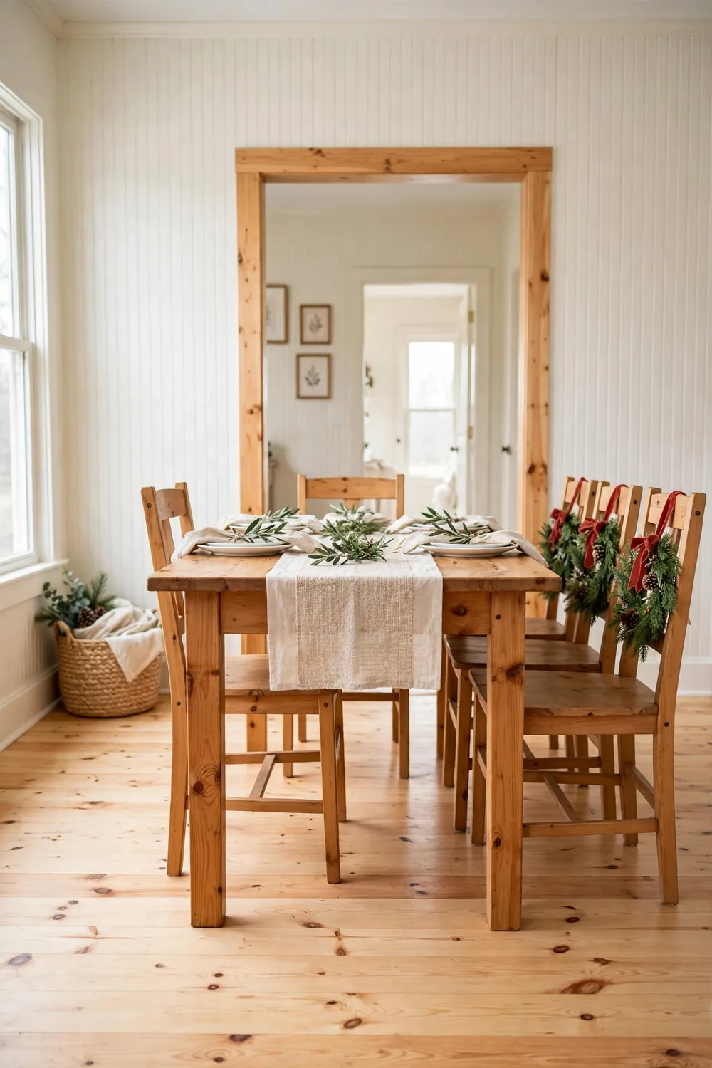 Small evergreen wreaths with red bows tied to the backs of dining chairs around a set holiday table in a warm dining room with wood floors.