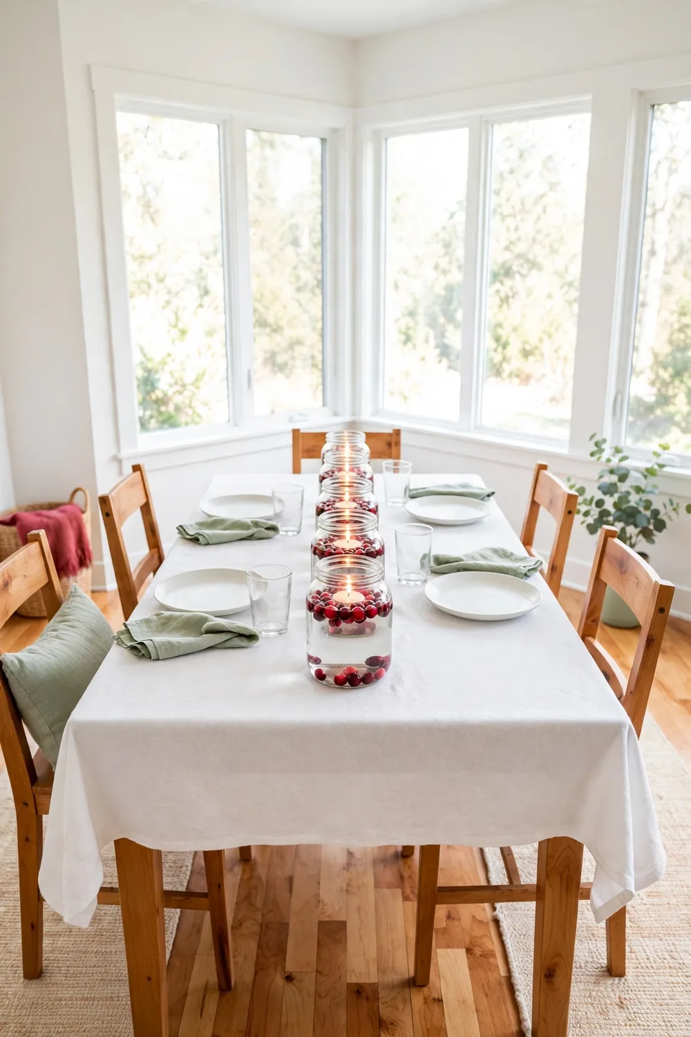 Clear glass jars filled with fresh cranberries and water holding floating candles on a white tablecloth in a bright dining room with red accents.