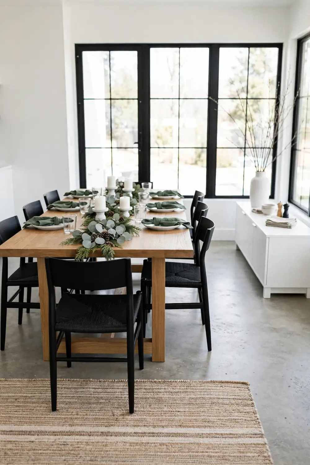 Silver dollar eucalyptus mixed with cedar and pine garland laid flat along a dining table with white candles in a modern dining room with large windows.