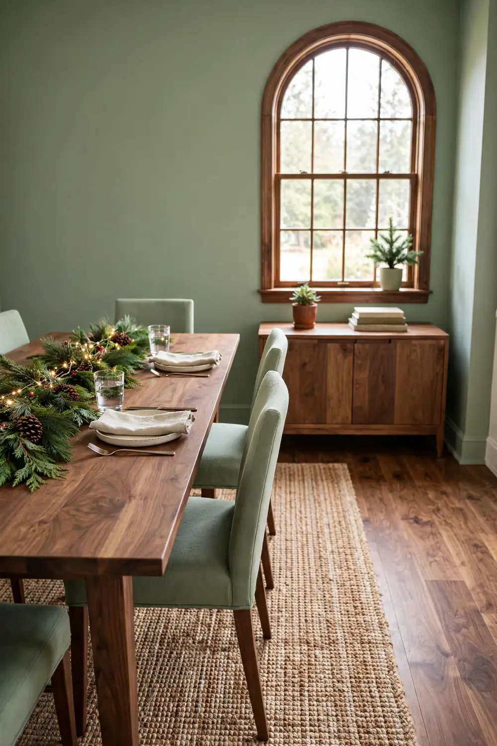 Fresh cedar and pine garland with pinecones, red berries and warm fairy lights running down the center of a wooden dining table in a sage green dining room.