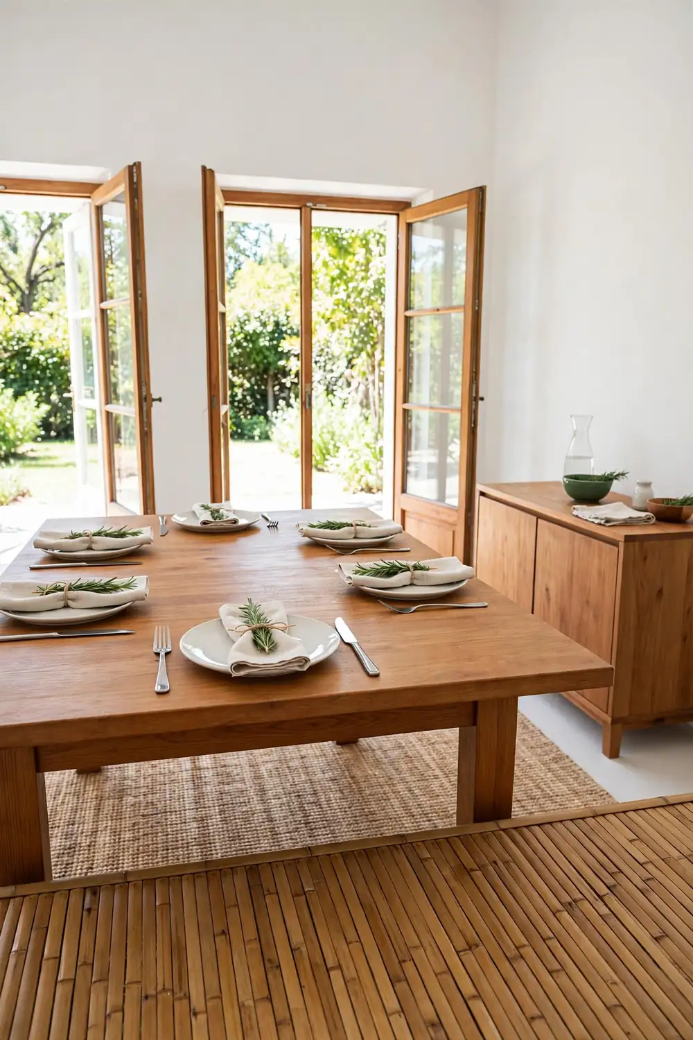 Fresh rosemary sprigs tied to plain linen napkins at each place setting with simple flatware on a wooden dining table in a light filled dining room.