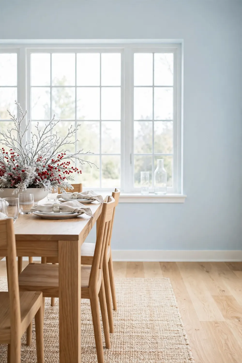 Frosted white branches with red berry sprigs in a low bowl at the center of a dining table in a pale blue dining room with white oak floors.