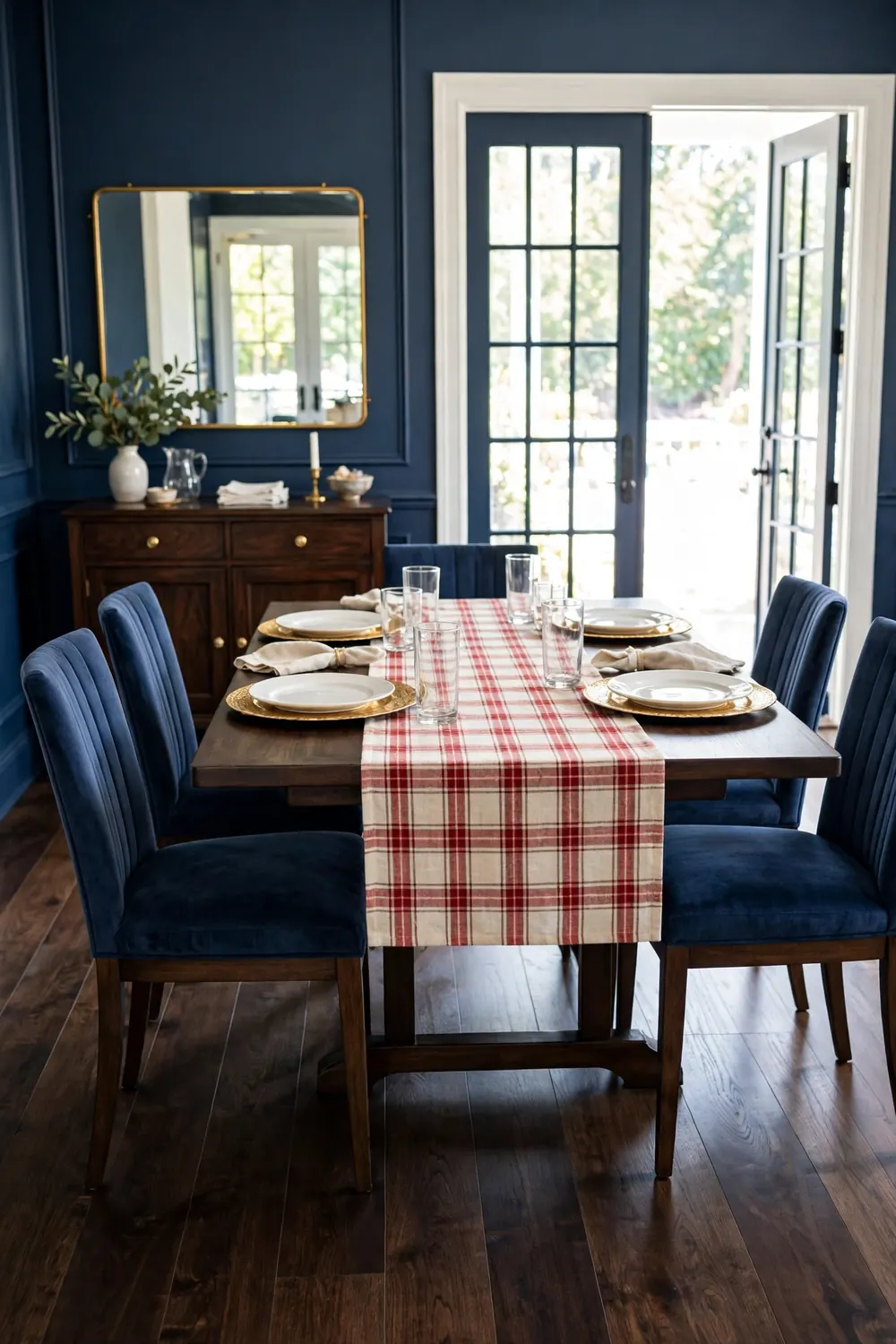 Gold charger plates under plain white dinner plates with clear glasses and a plaid runner on a dark wood dining table in a navy dining room.