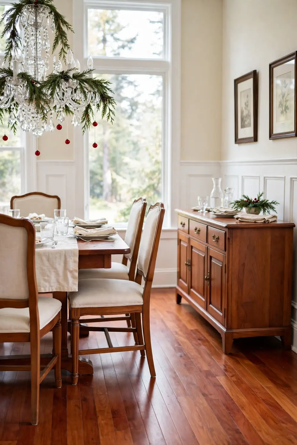 Fresh cedar garland draped around a dining room chandelier with hanging red ornaments above a set dining table in a bright traditional dining room.