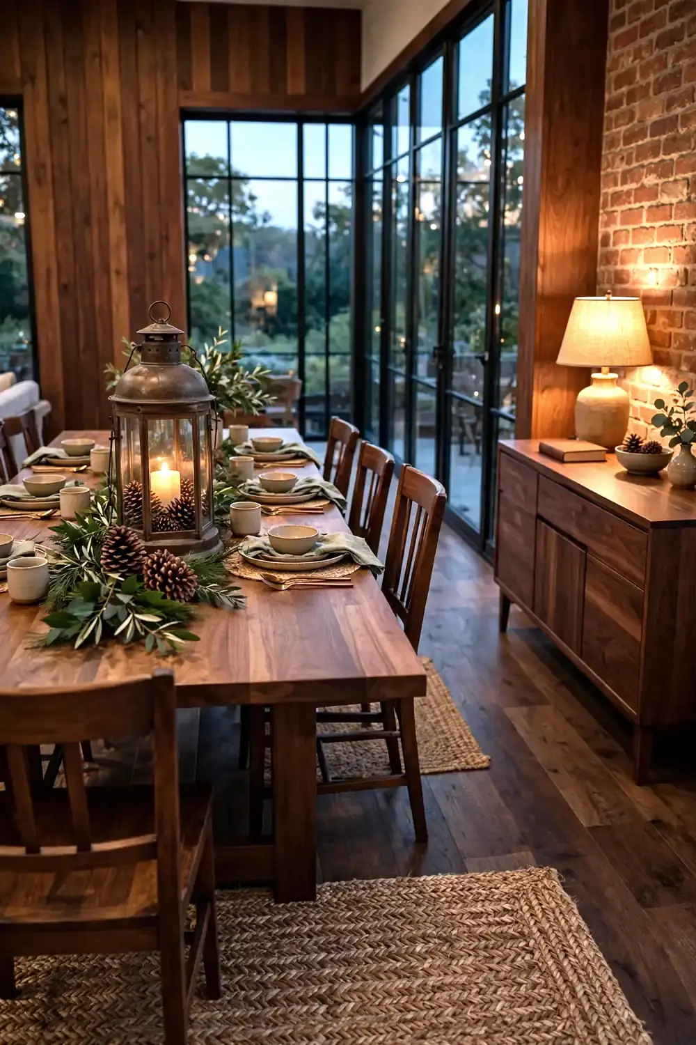 Bronze lantern filled with pinecones and a flameless candle at the center of a long dining table with greenery in a warm dining room at dusk.