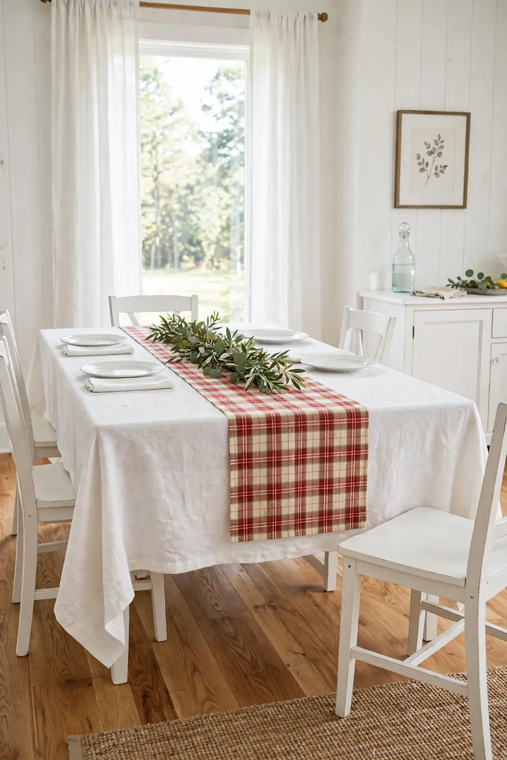 White linen tablecloth with a red and cream plaid runner, white plates and greenery at the center of a bright farmhouse dining table near a tall window.
