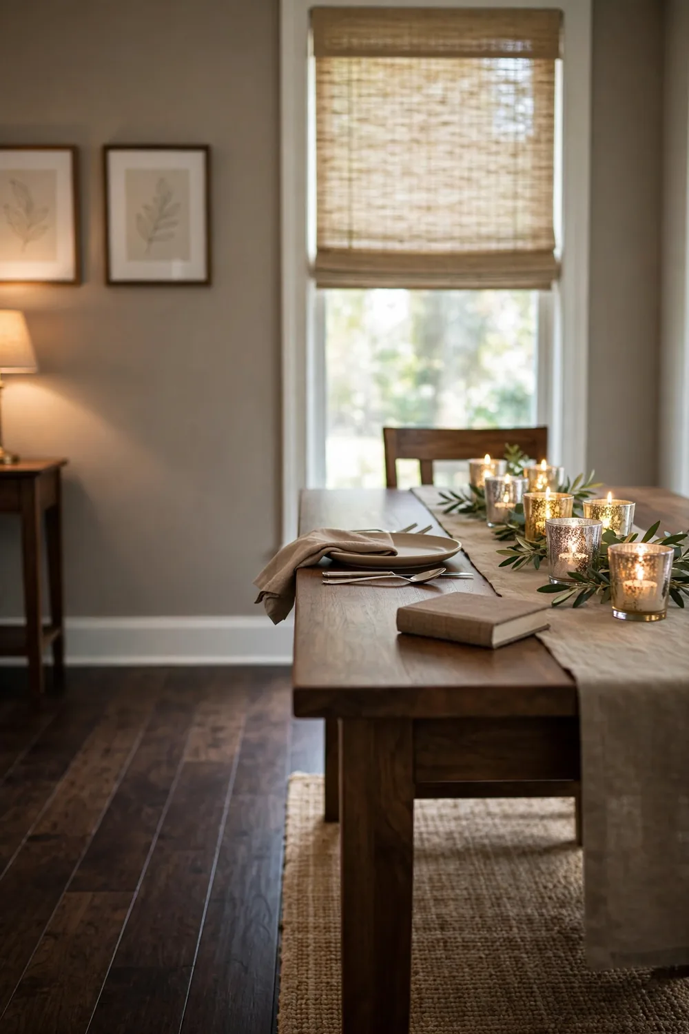 Silver and gold mercury glass votives with glowing tea lights grouped down the center of a dining table with greenery in a softly lit dining room.