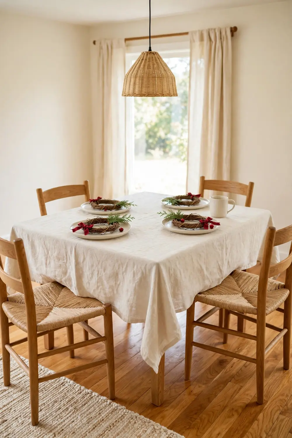 Small grapevine wreaths with cedar sprigs and tiny red bows at every place setting on a cream tablecloth in a bright dining room with linen curtains.
