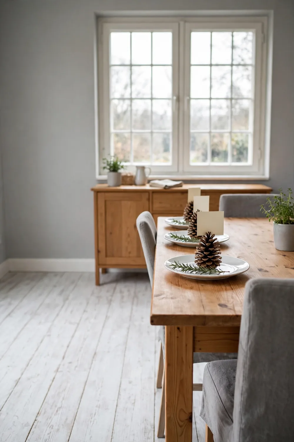 Natural pinecones holding cream name cards at each place setting with white plates and greenery on a wooden dining table in a soft gray dining room.