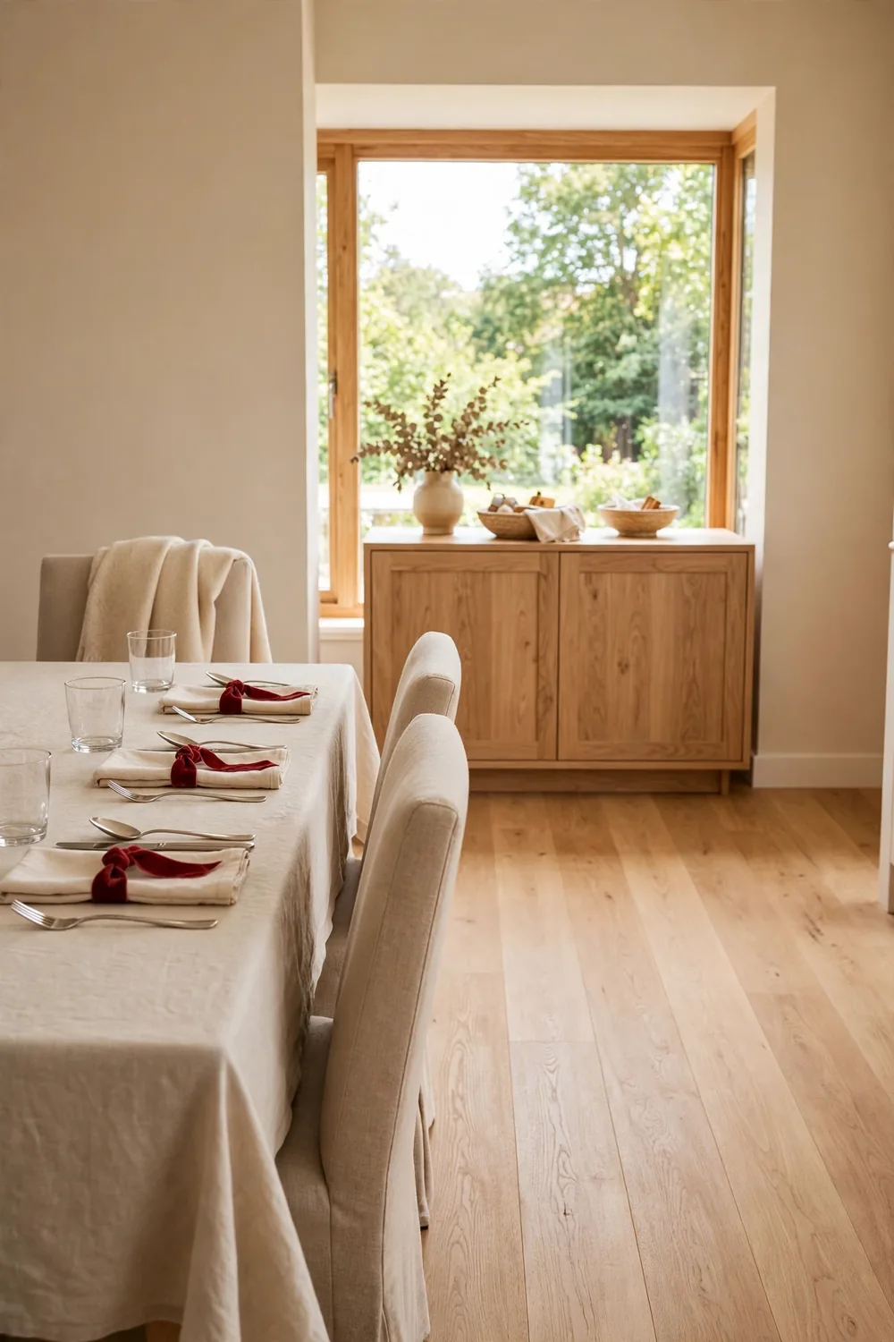 Cream cloth napkins tied with wide red velvet ribbon at each place setting on a linen covered dining table in a warm beige dining room.