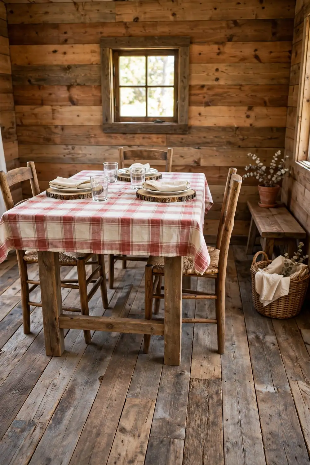 Round wood slice chargers with bark edges under white plates on a plaid cloth in a rustic dining room with a small window and warm wood tones.