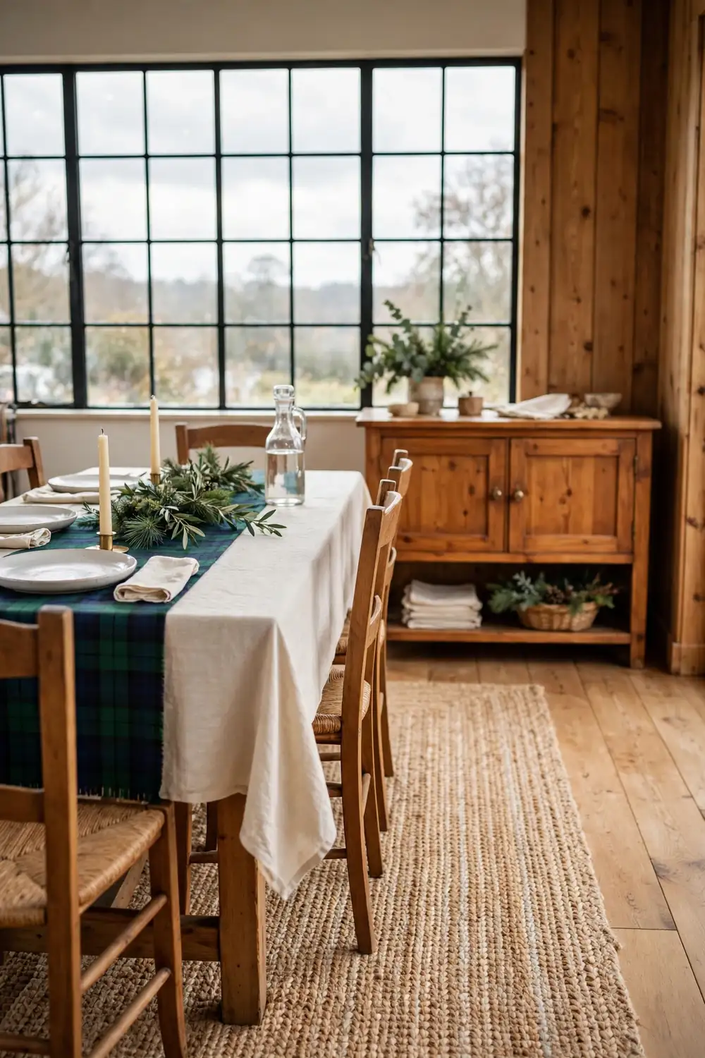 Deep green and navy tartan runner over a cream tablecloth with white plates and candles on a wooden dining table in a cozy lodge style dining room.