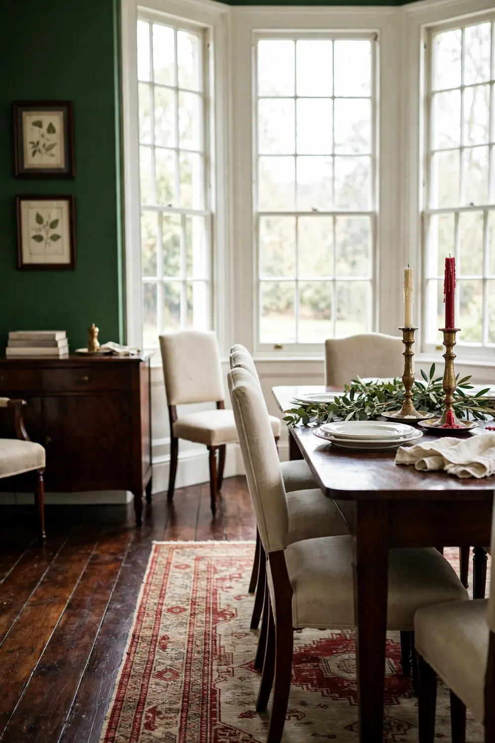 Tall brass candlesticks with cream and deep red taper candles beside white plates and greenery on a dark wood dining table in a classic dining room.