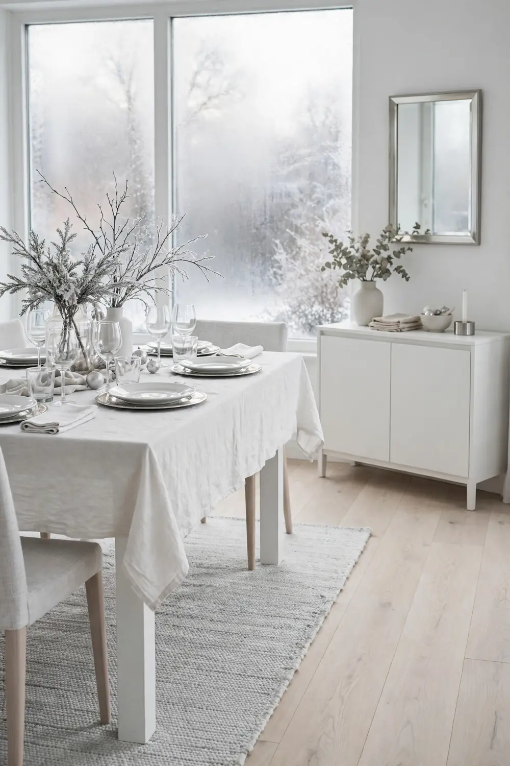 All white dining table with silver chargers, white dishes, clear glass and frosted branches in a calm white dining room with soft winter light.