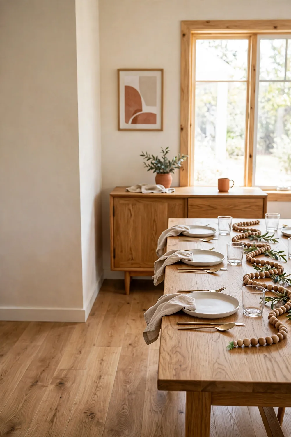 Long garland of natural wood beads draped in a loose curve down the center of a dining table with small greenery sprigs in a warm neutral dining room.