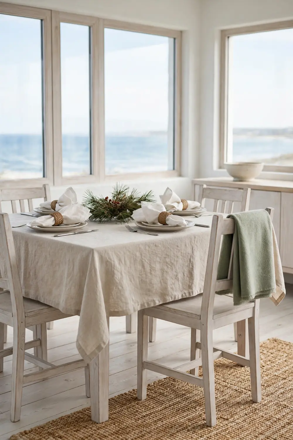 Woven seagrass napkin rings holding soft folded napkins at each place setting on a linen tablecloth in a bright coastal style dining room.