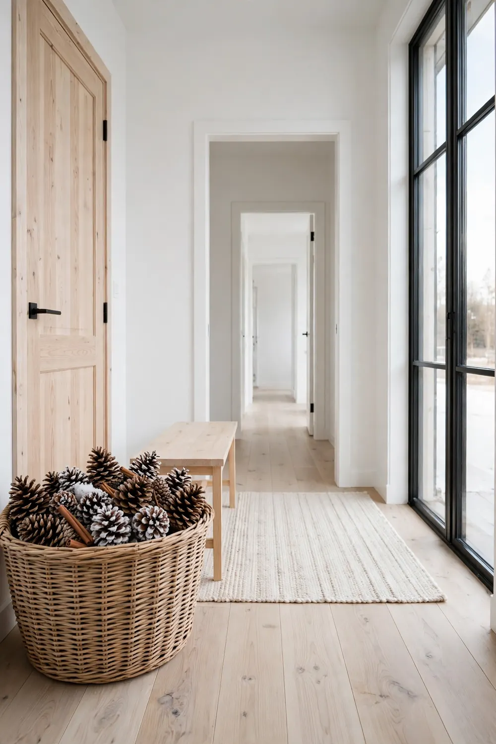 Wide woven basket filled with natural and white dusted pinecones beside a front door in a pale Scandinavian entryway with light ash wood floors.