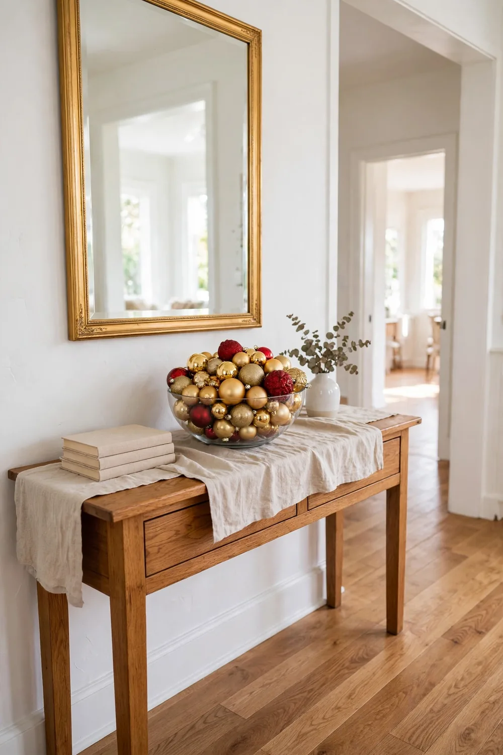 Glass bowl heaped with gold and red ornaments on a linen runner over a wood console table in a bright elegant entryway.