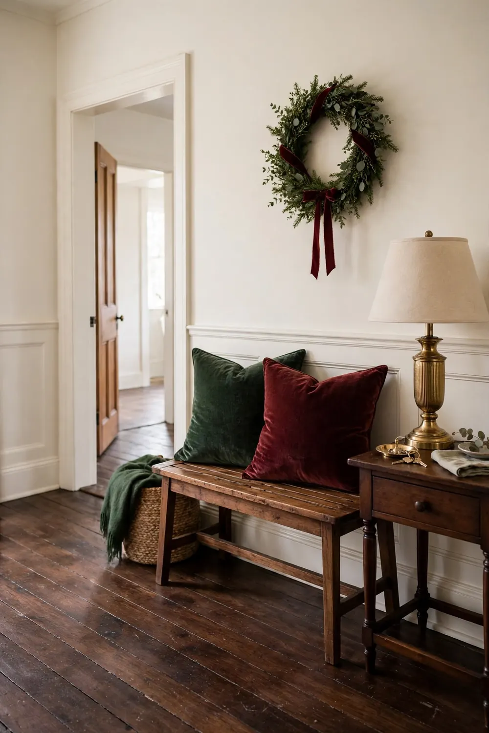 Entryway styled in burgundy and forest green with a ribbon trimmed wreath, velvet pillows and brass accents in a traditional hall with dark wood floors.