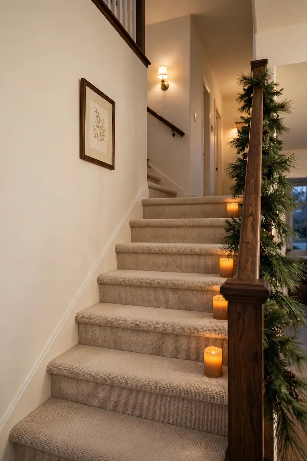 Flameless candles glowing on carpeted stair steps against the wall in a warm entryway at dusk with garland on the banister.