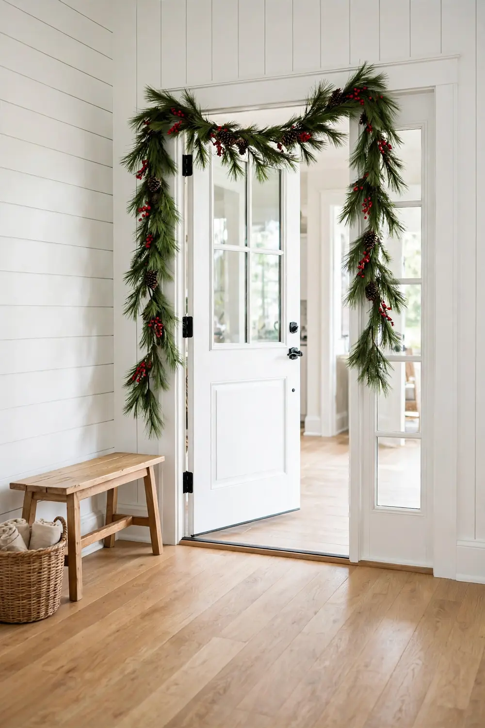 Fresh pine garland with pinecones and red berries swagged over a white front door frame in a bright farmhouse entryway with light oak floors.