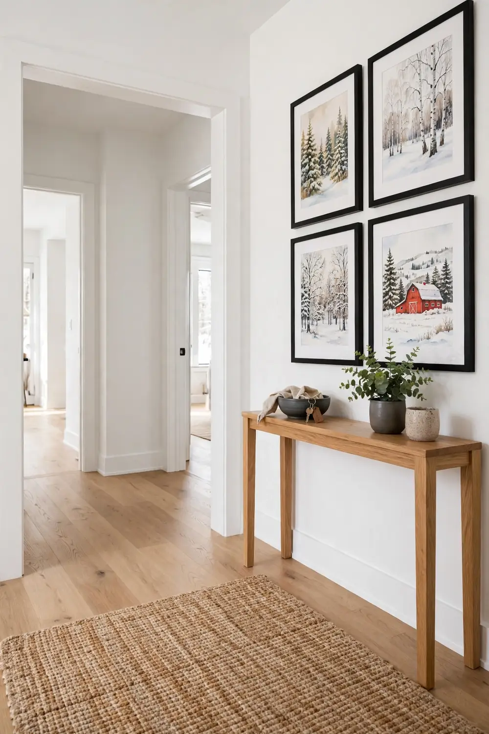 Gallery wall of winter prints in black frames above a narrow console in a modern white entryway with light oak floors and a jute rug.
