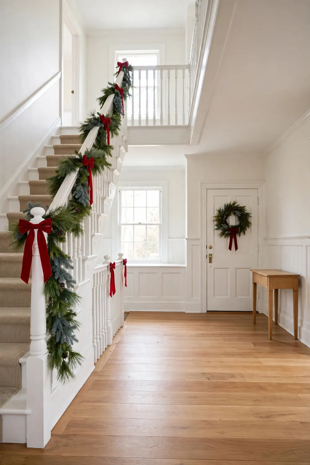 Pine garland wrapped along a white staircase banister with red ribbon bows in a classic two story foyer with a carpeted stair runner.