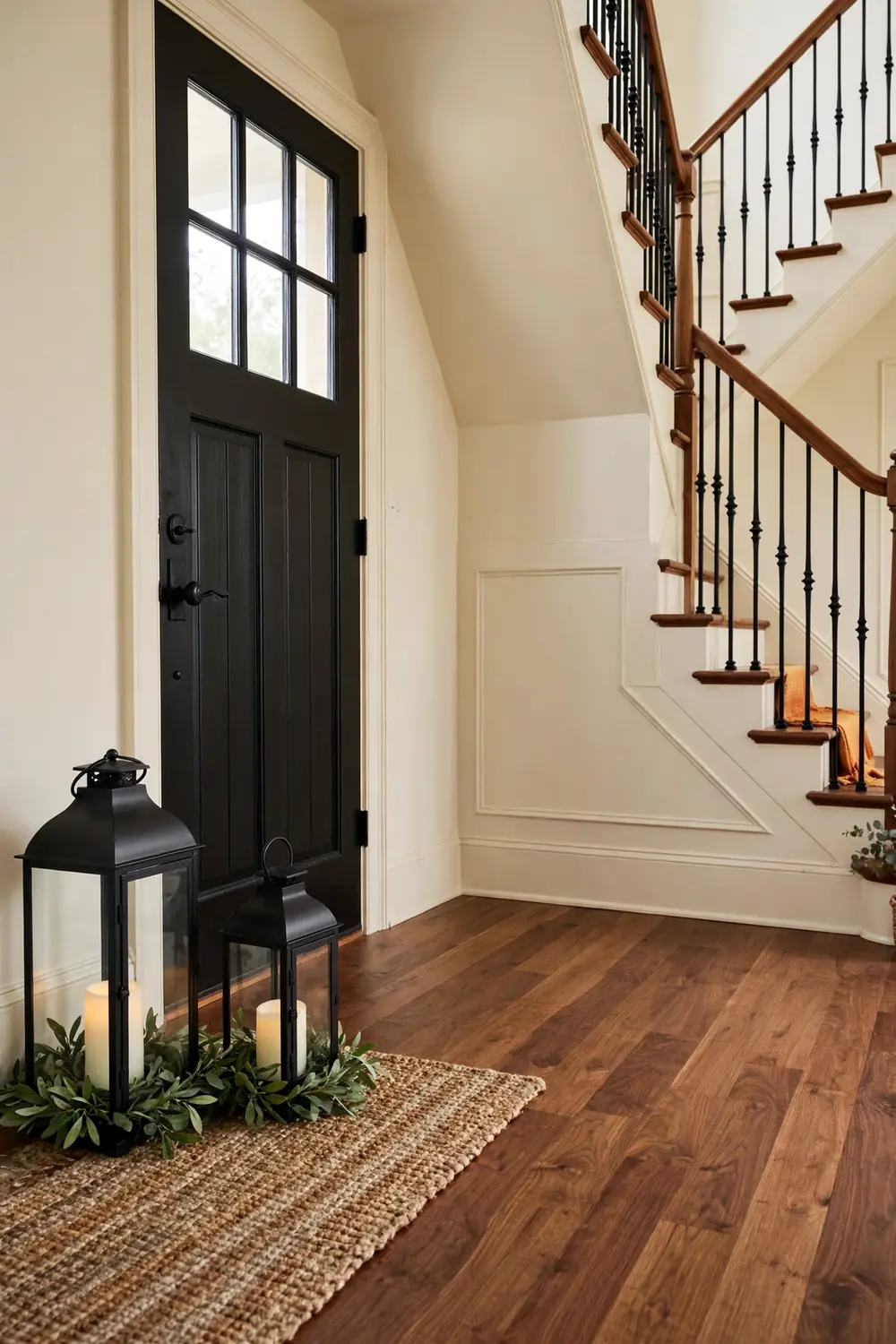 Two black metal lanterns with flameless candles and greenery rings on the floor beside a front door in a cream walled entryway with walnut floors.
