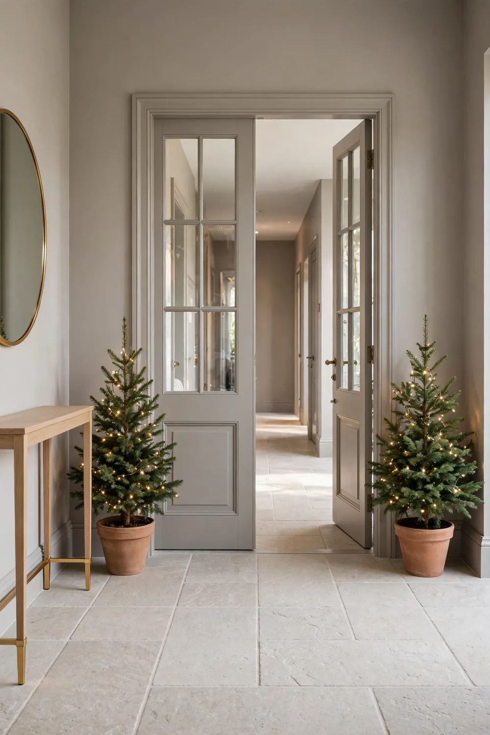 Two small potted evergreen trees in clay pots flanking a doorway in a formal entryway with warm gray walls and light stone look tile floors.