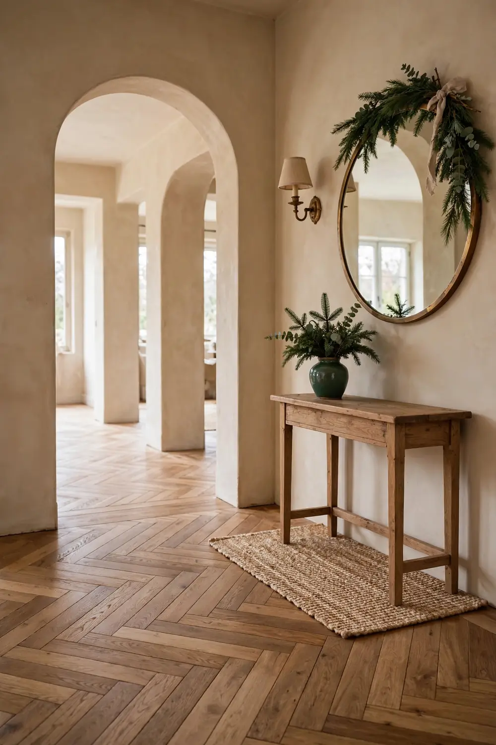 Evergreen swag draped across the top corner of a round mirror in a French style entryway with plaster walls and warm herringbone wood floors.