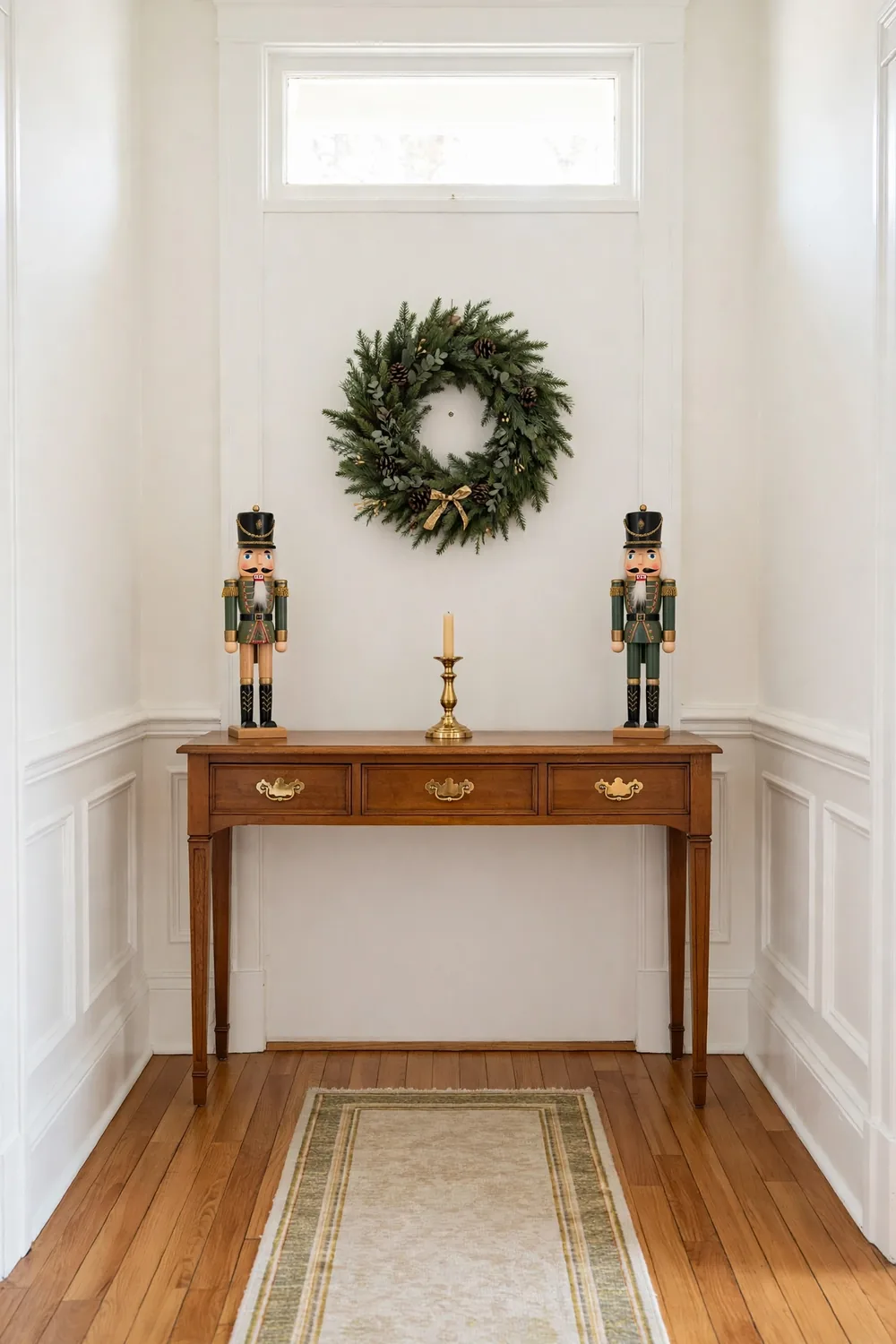 Pair of traditional wooden nutcrackers flanking a console table with an evergreen wreath above in a classic entryway with warm wood floors.