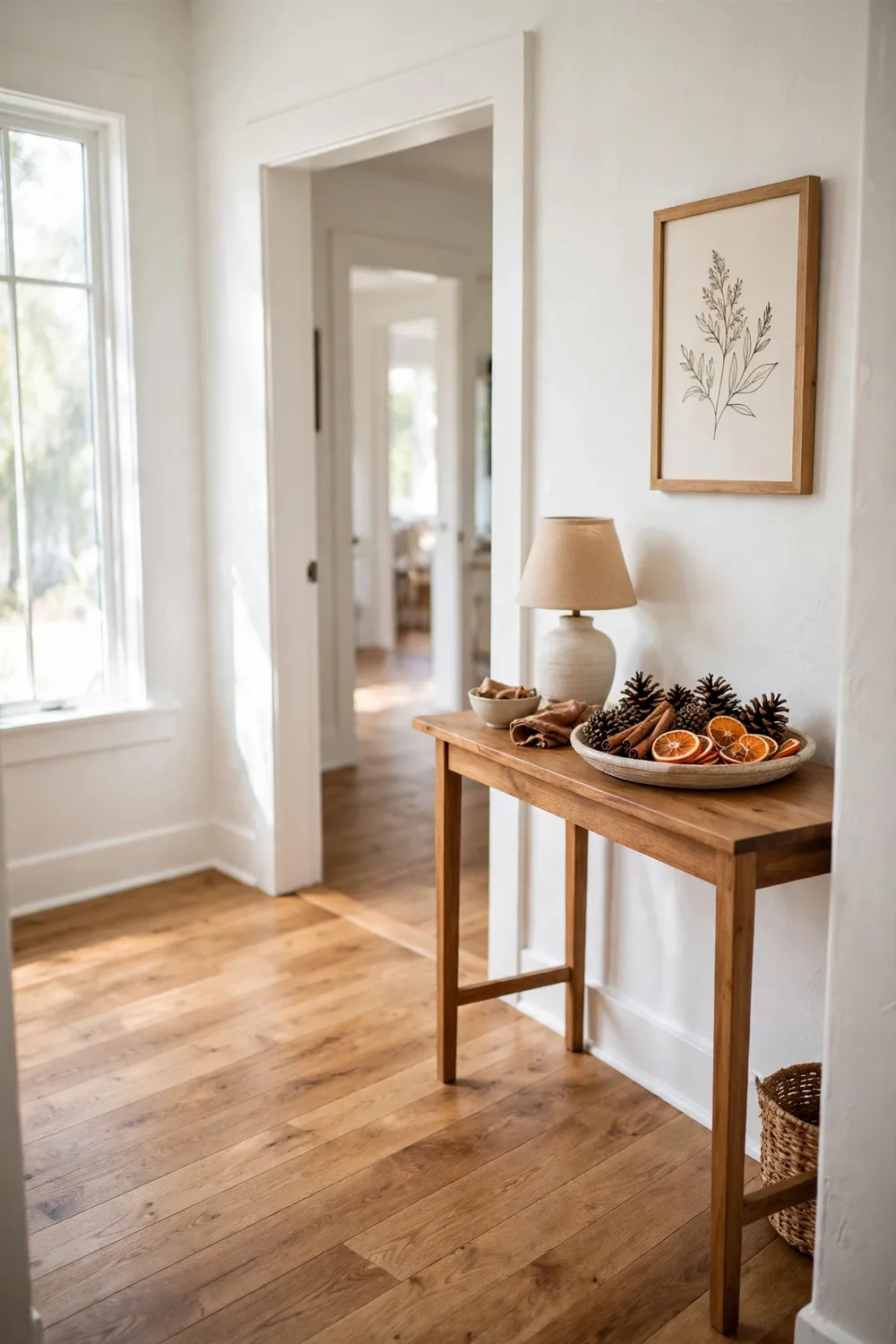 Shallow tray of pinecones, cinnamon sticks and dried orange slices on a console table in a bright entryway with white walls.